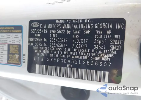 2020 Kia Sorento 3.3L Lx z USA, uszkodzony, nr VIN 5XYPGDA52LG636607